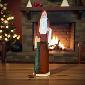 Midwest Primitive Folk Art Wood Carved Santa Claus with Bag and Tree 8”